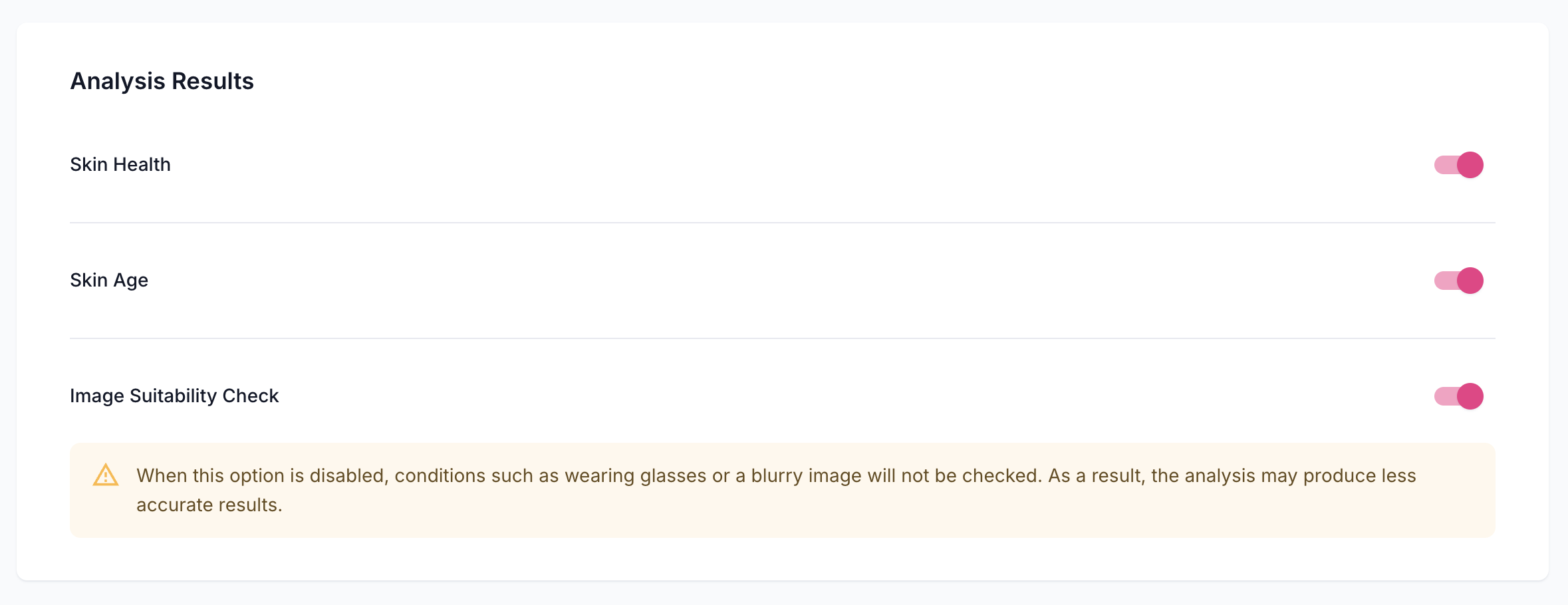 Analysis Results settings with Skin Health, Skin Age, and Image Suitability Check toggles enabled