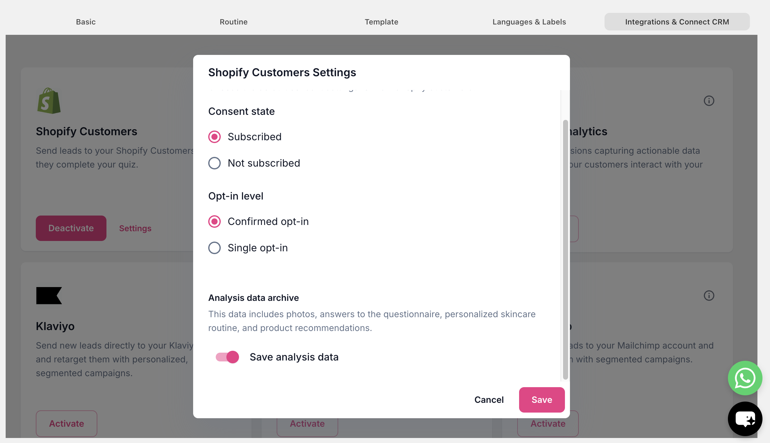 Shopify Customers Settings dialog with the Save analysis data toggle enabled